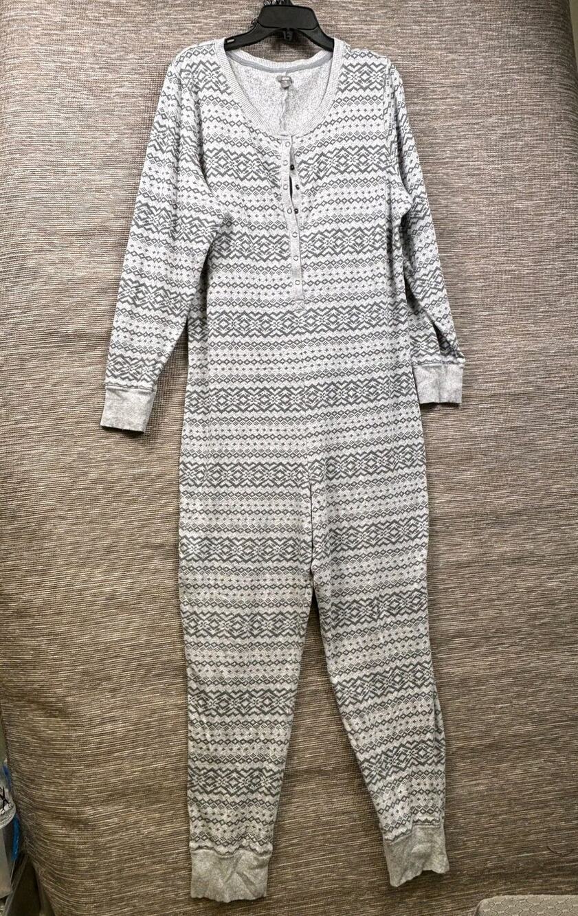 Aerie One-piece Pajamas Womens Size 2XL Gray Fair Isle Fleece Henley Long Sleeve
